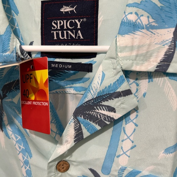 Spicy Tuna Palm Tree Hawaiian Shirt Short Sleeve Blue 50 SPF Mens Medium New NWT - Picture 3 of 4
